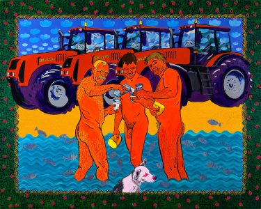 Тры трактарысты ды сабака ( Три тракториста и собака ) / холст, темпера, акрил / 160х200 см / 2013г. Жанна Капустникова, серия ДАЖЫНКI